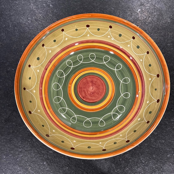 Pier 1 Etrusco Dinner Plate Orange Red and Green Bands Swirls and Dots Italy - Picture 1 of 3